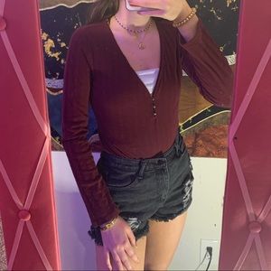 Maroon V-Neck Body Suit